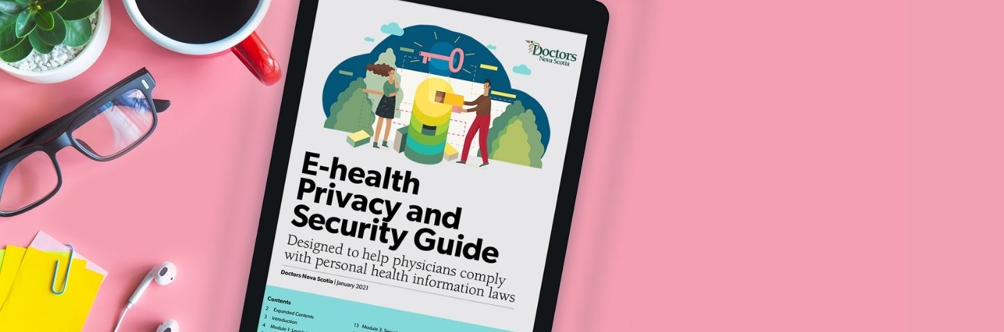 E-health Privacy and Security Guide on pink desk top