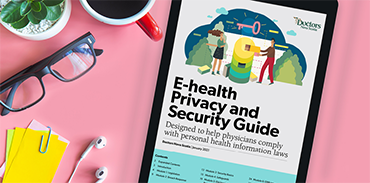 Online version of the Doctors Nova Scotia E-health Privacy and Security Guide sitting on a desk with coffee mug, plant, glasses, earbuds 