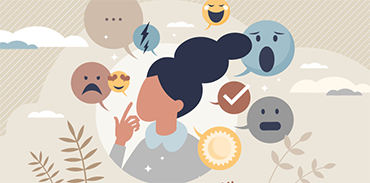 graphic of woman with several thought bubbles depicting various emotions around her head
