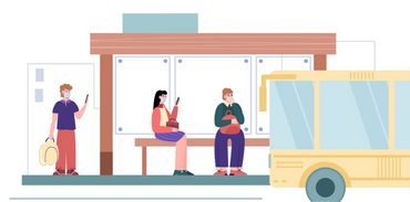 illustration of three people waiting wearing masks while waiting at a bus stop