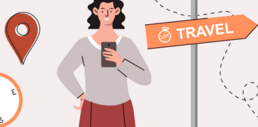 woman looking at a cellphone with travel ideas circling her
