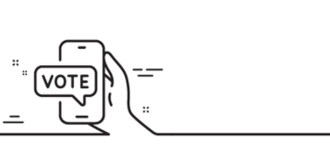 line drawing of a hand holding a cell phone with vote appearing on the screen