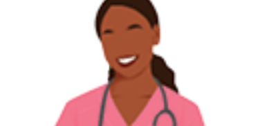illustration of black women with long dark hair wearing pink scrubs and a stethoscope around her neck