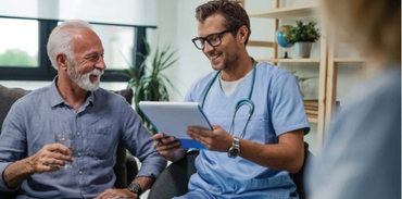 elderly male speaking with a male physician