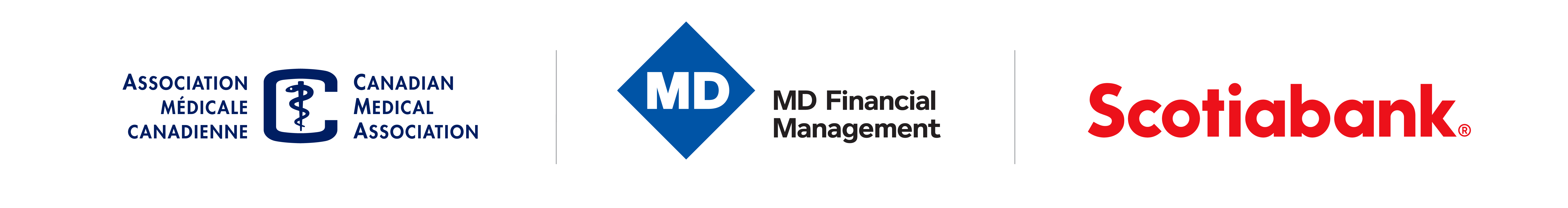 Canadian Medical Association, MD Financial Management and Scotiabank logos displayed together horizontally