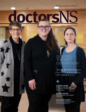Dr. Michelle Dow and two female colleagues on the cover of the March 2022 issue of doctorsNS magazine