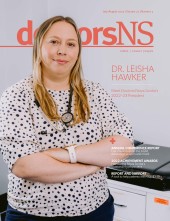 Dr. Leisha Hawker on the cover of the July/August 2022 issue of doctorsNS magazine