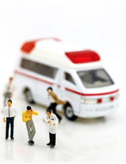 Illustration of doctors with patients with ambulance in background