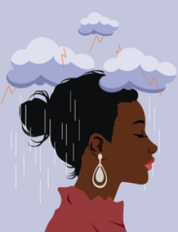 side view of woman with lightening clouds above