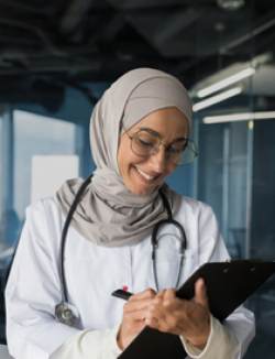 young Arab female with hijab and stethoscope around her neck