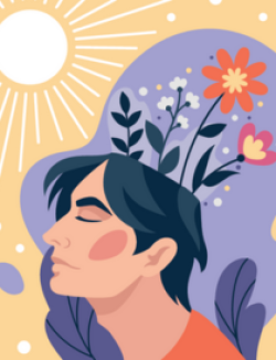 illustration of man with eyes closed, face towards the sun and surrounded by flowers and 