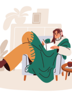 person lounging in a chair with a blanket, coffee and reading a book