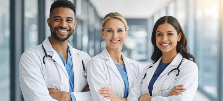 a black male and 2 female physicians in white coats