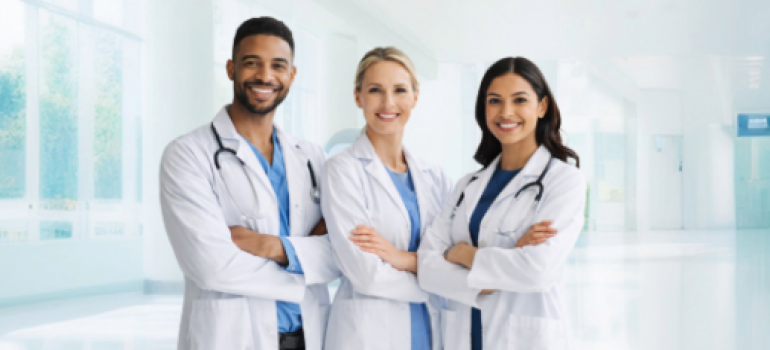a black male and 2 female physicians in white coats