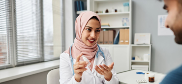female physician wearing a hijab and counselling a male patient
